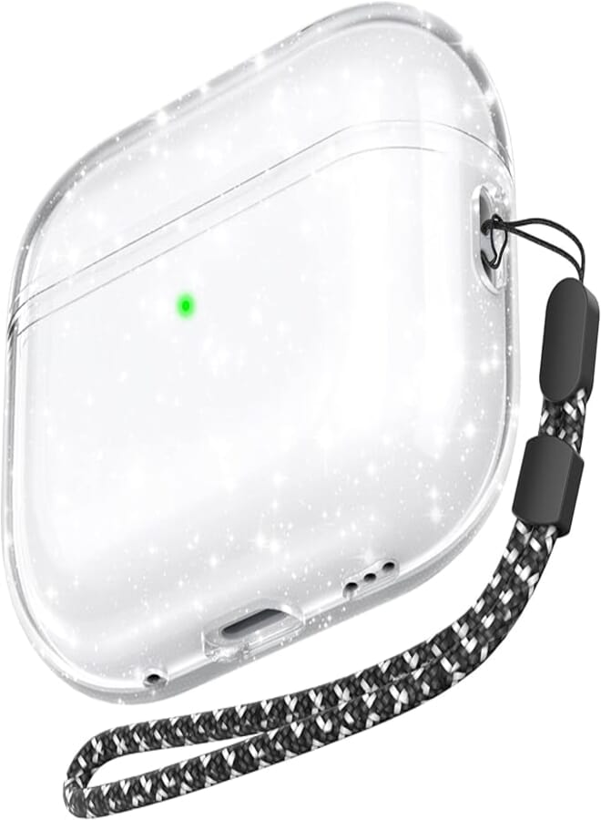 حافظة AhaStyle الشفافة لسماعات Airpods Pro 2 (2023/2022) أغطية واقية من TPU الناعمة تأتي مع حزام يد متوافقة مع سماعات Apple AirPods Pro 2 [كابل USB-C/Lightning] حافظة شحن (تألق)